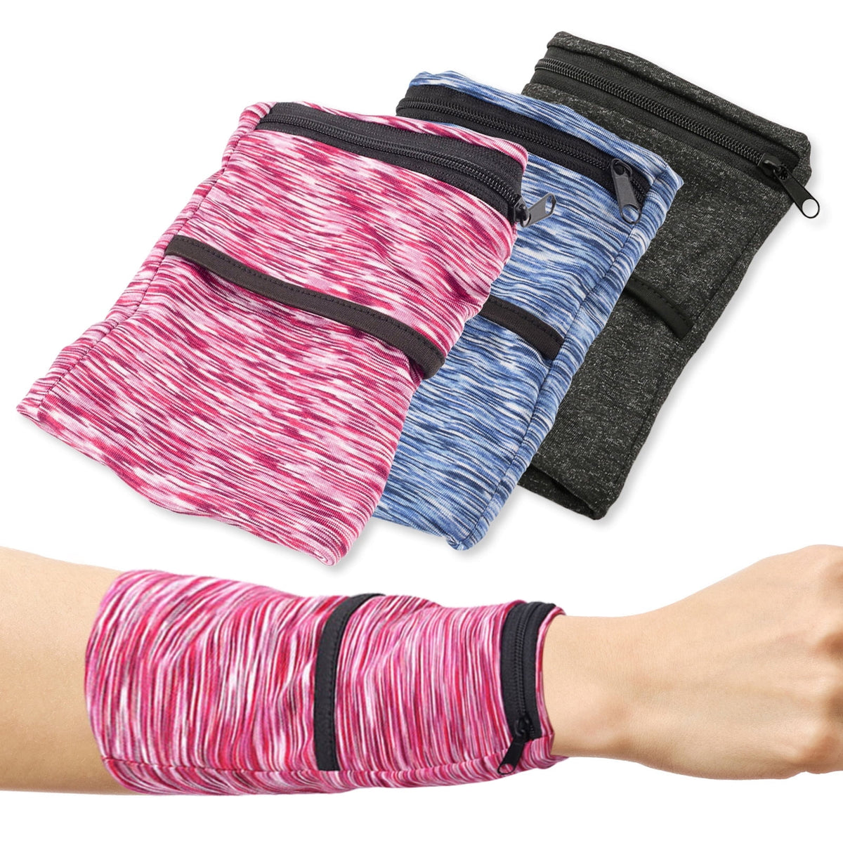 3Pcs Wrist Wallet with Zipper, Lightweight Phone Wristband for Running, Breathable Wrist Cell Phone Pouch with 2 Pockets, Wrist Phone Holder for Sports, Travel, Walking, Style B