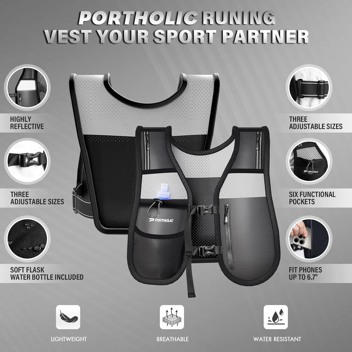 PORTHOLIC Running Vest for Women Men with 500ml/17oz Water Bottle |Adjustable Hydration Vest|Reflective |Lightweight |6 Pockets |Breathablefor Running Accessories for Hiking Running (Black,Large)