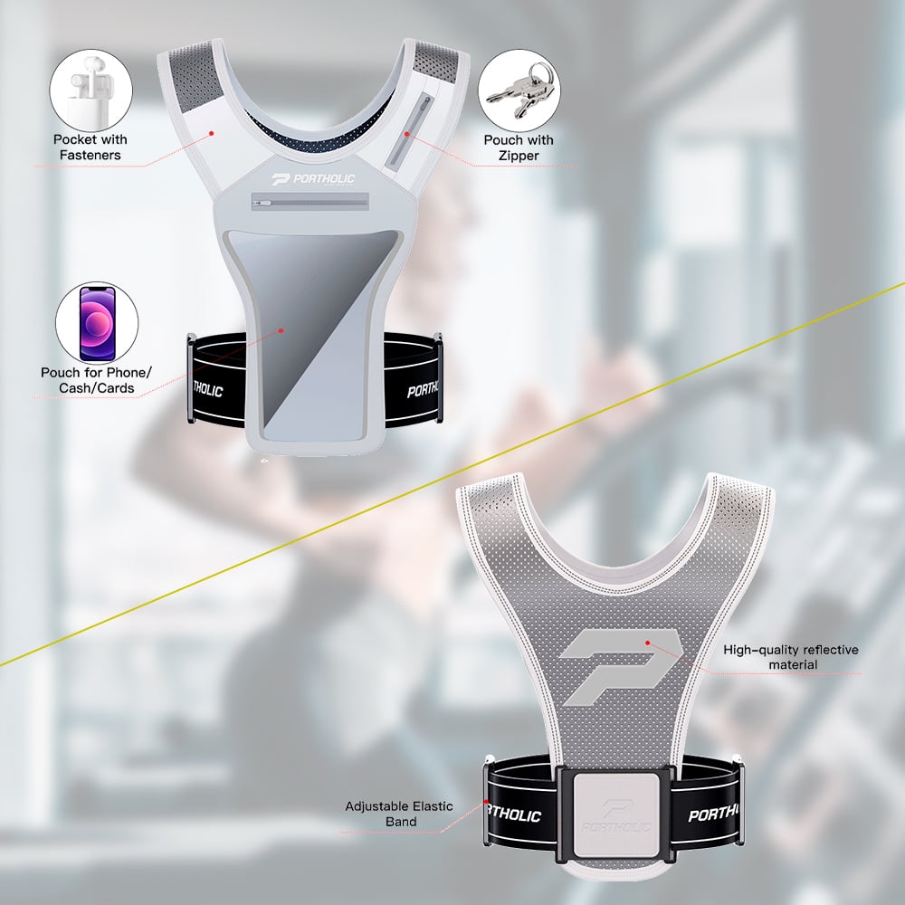 Running Vest with Cellphone Holder, PORTHOLIC Reflective Warnwest with Visible Phone Pouch, Adjustable Waistband and Muti-pockets for Sport, Jogging, Cycling, Walk the dog(GARY)