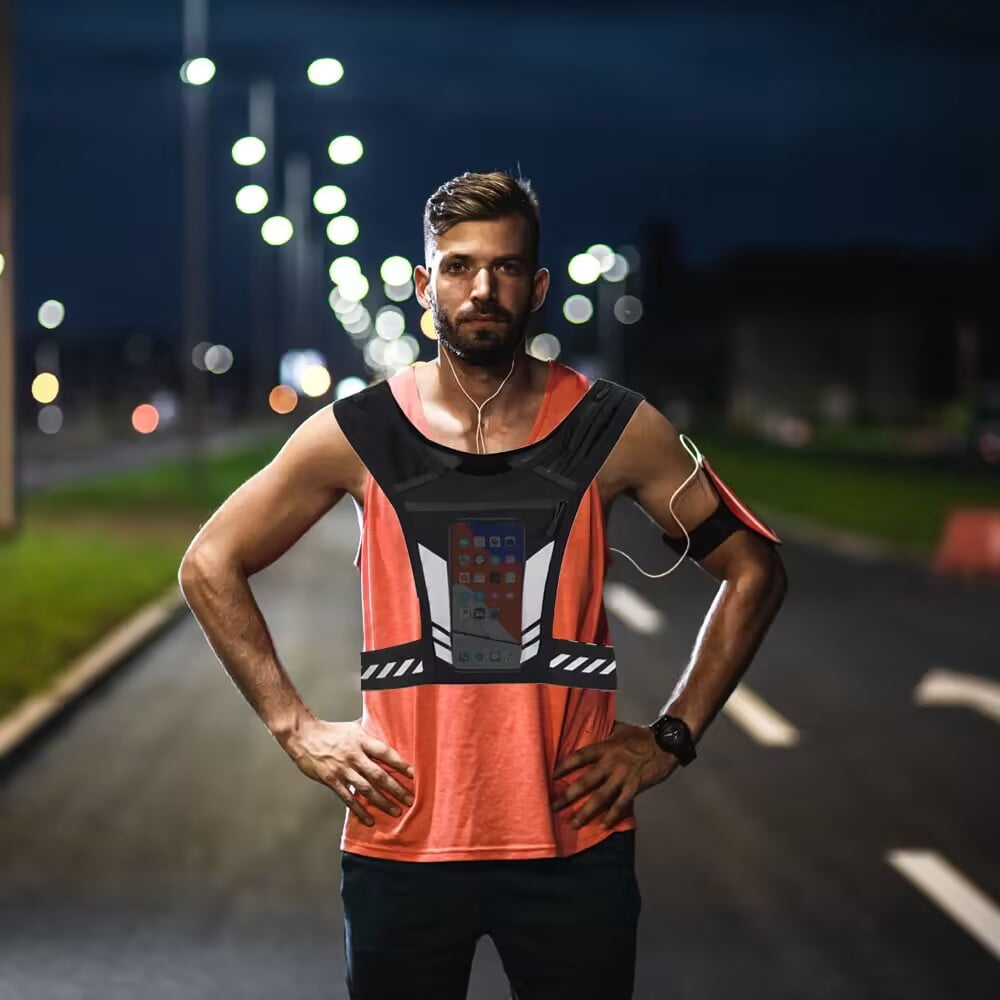 Gowinsee Reflective Running Vest, Running Chest Pouch Bag Phone Holder Phone Keys Cash Water Bottle Lightweight Breathable