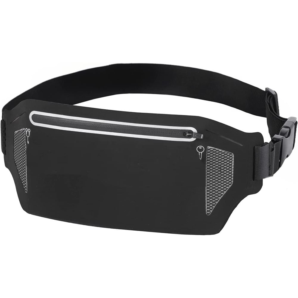 Bontime Ultra Slim Reflective Running Belt, Fits iPhone, Keys & Money, Adjustable Fanny Pack, Black