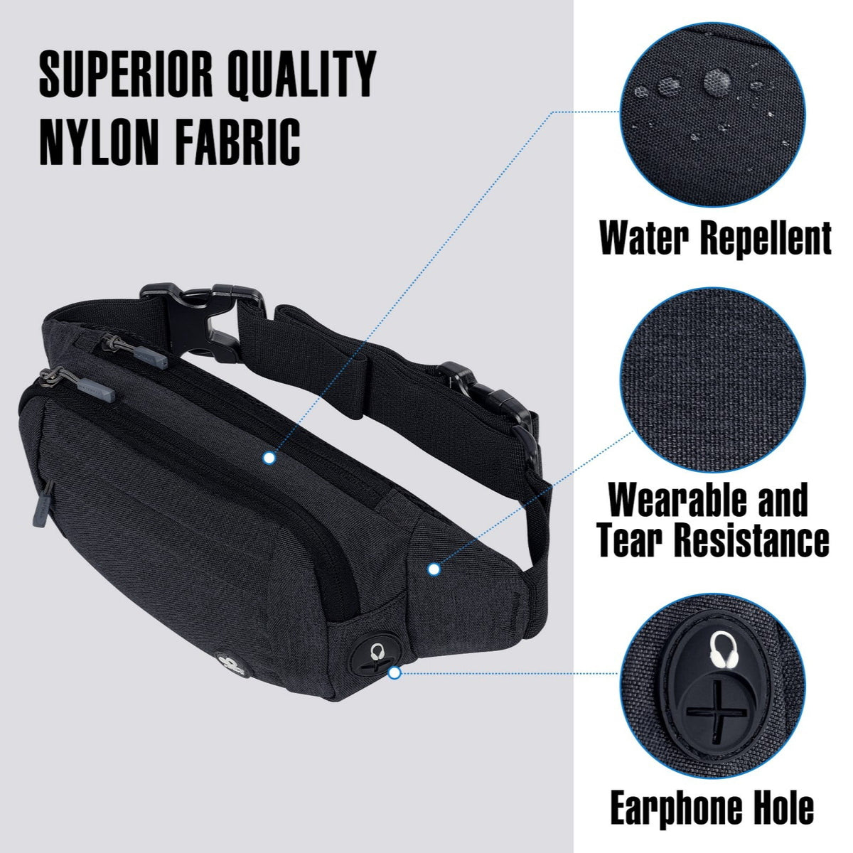 WATERFLY Unisex Lightweight Running Hiking Jogging Nylon Fanny Pack Waist Bag-Dark Blue