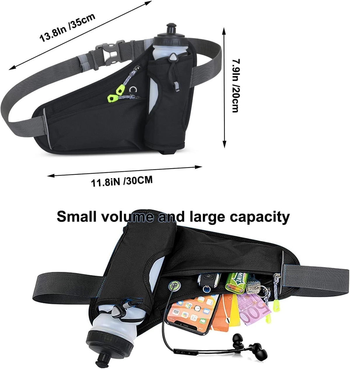 Running Belt Hydration Waist Pack with Water Bottle Holder for Men&Women Outdoor Sports (Black)