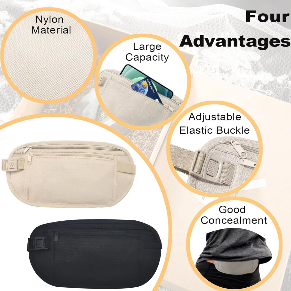 Nylon RFID Blocking Money Belt, Hidden Anti-theft Waist Fanny Pack with Adjustable Buckle, Under Clothes Travel Running Hiking Pouch for Men Women (Khaki)